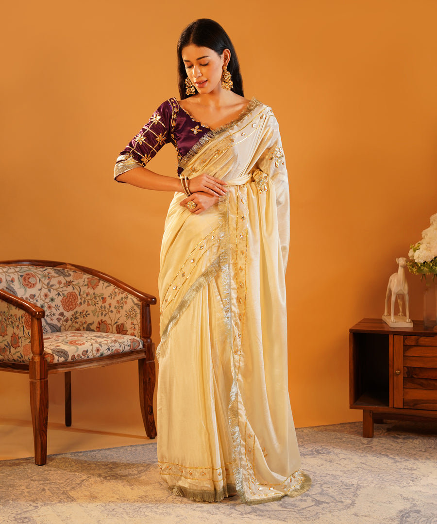 Rang-e-Aangi - Deep Violet Aangi Blouse & Ivory Chinon Gota Patti Saree