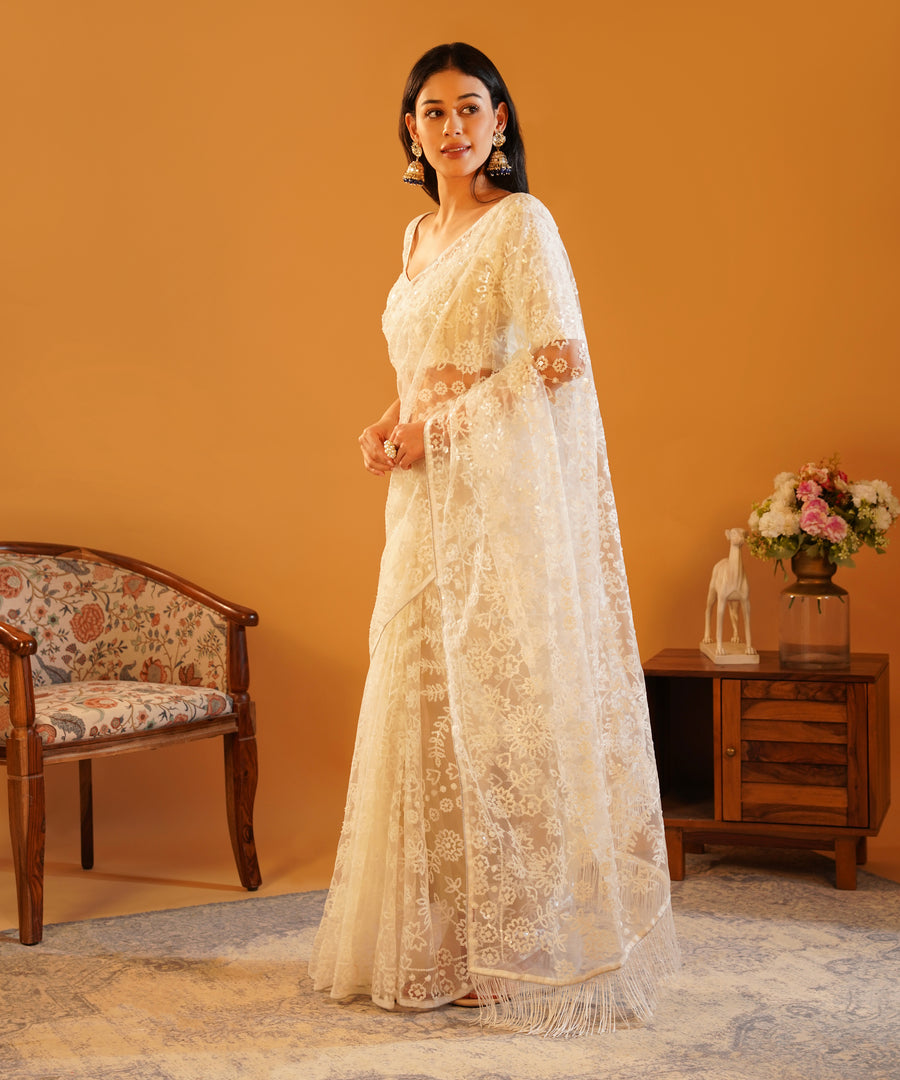 Snow Pearl - Embroidered Net Saree