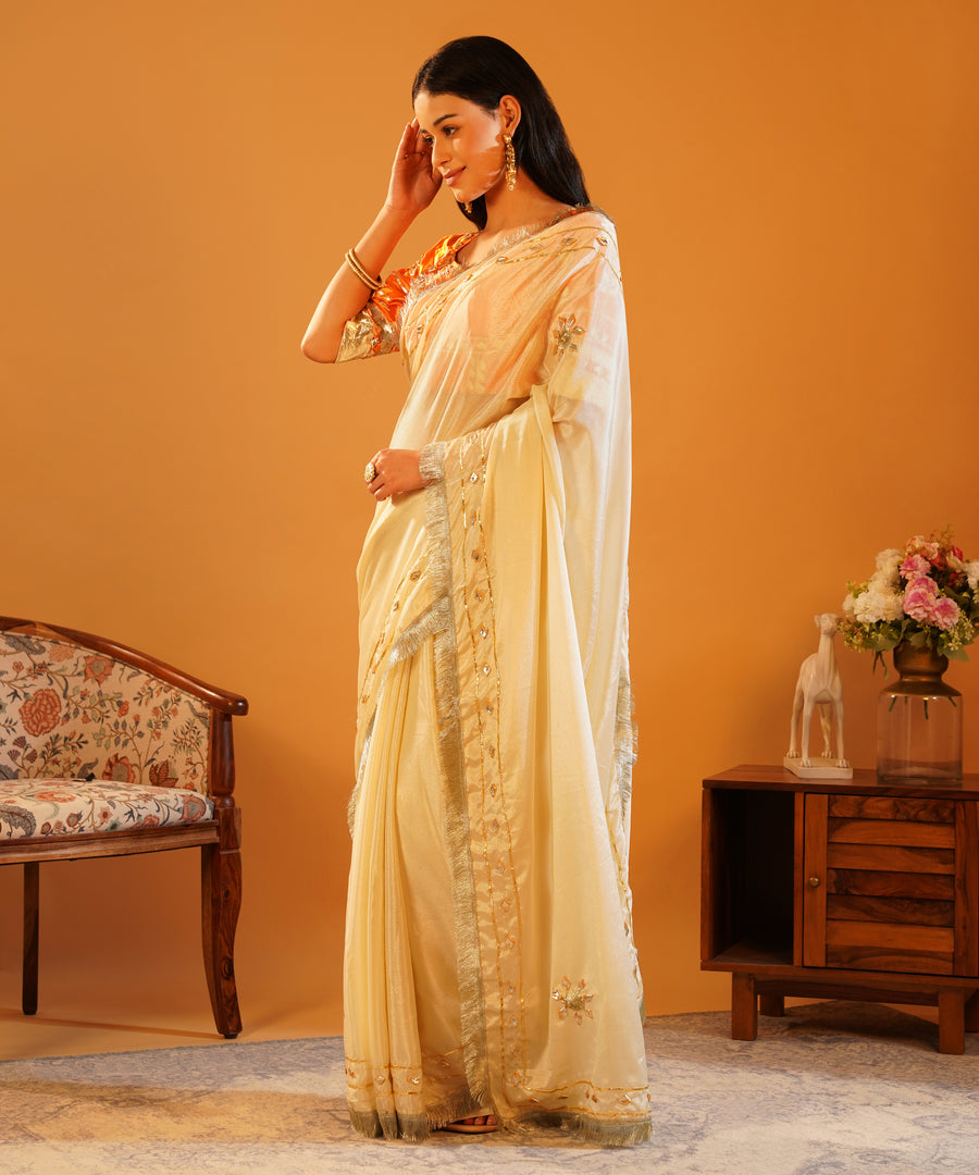 Rang-e-Aangi - Tangerine Orange Aangi Blouse & Ivory Chinon Gota Patti Saree