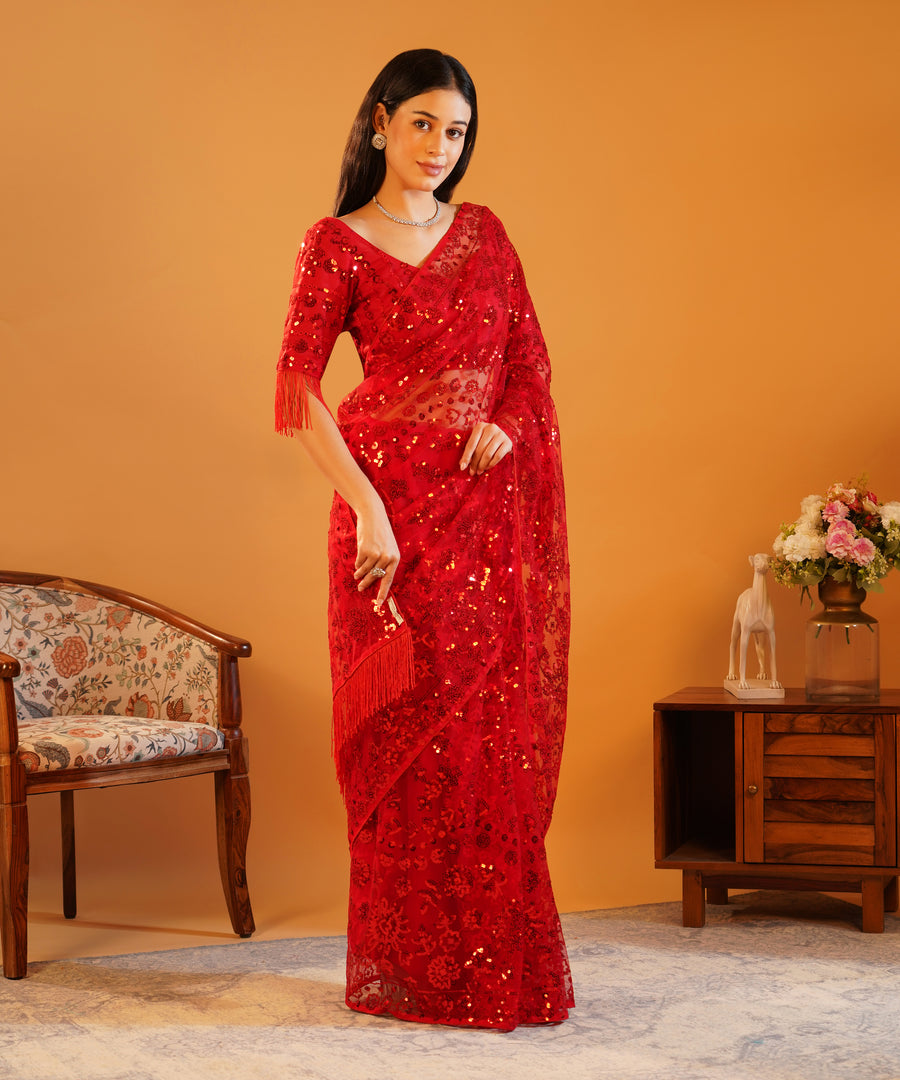 Scarlet Sparkle - Embroidered Net Saree