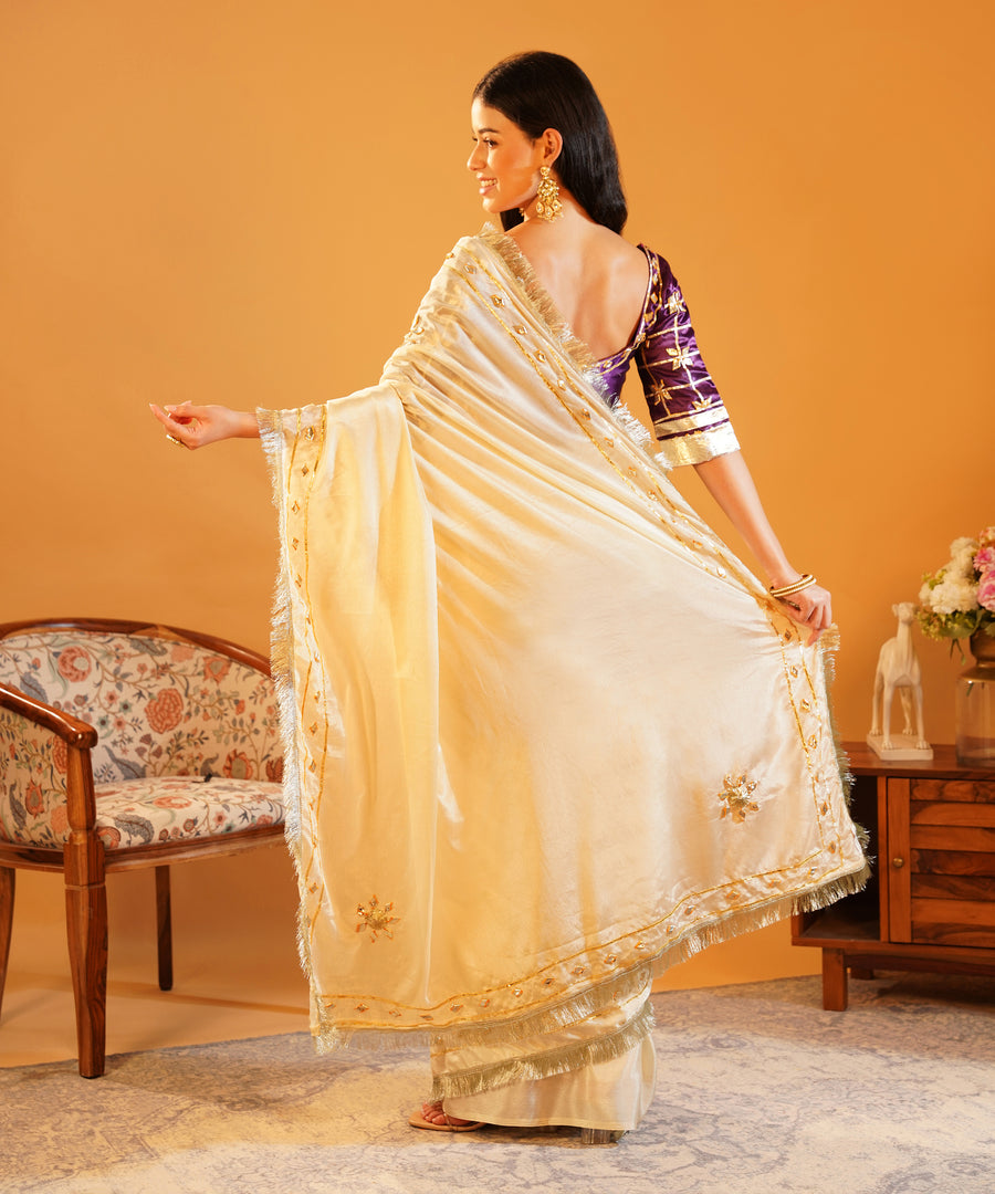 Rang-e-Aangi - Deep Violet Aangi Blouse & Ivory Chinon Gota Patti Saree