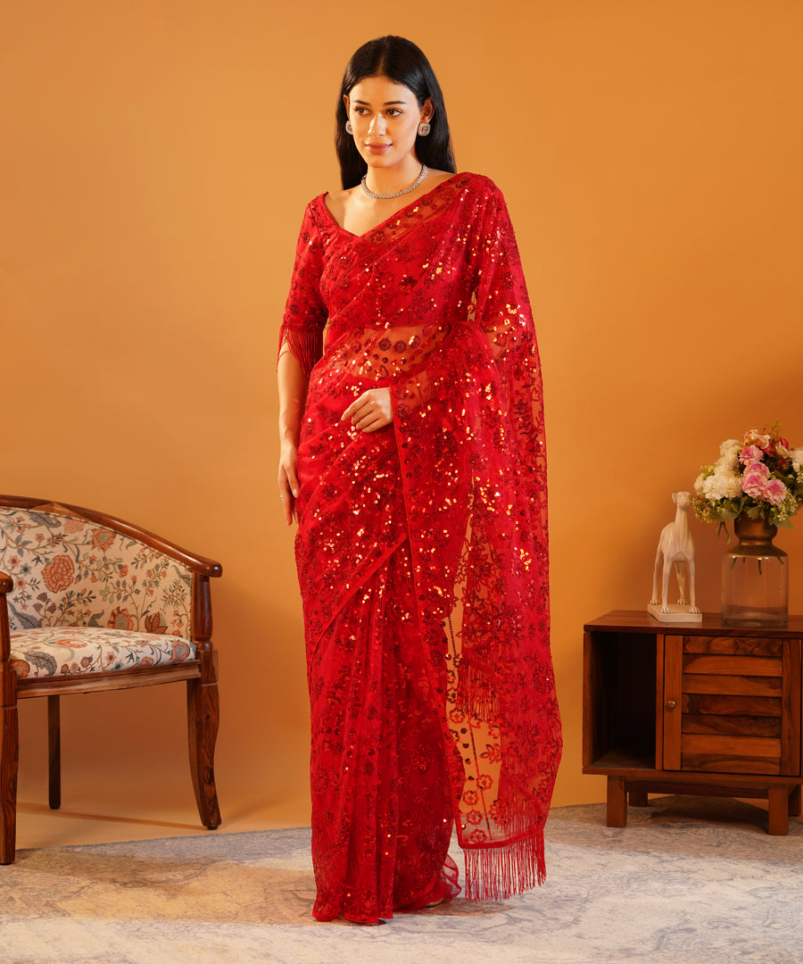 Scarlet Sparkle - Embroidered Net Saree