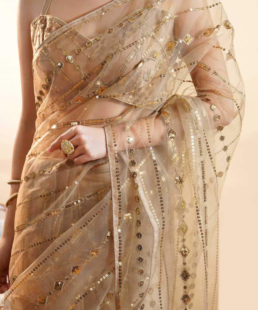 Champagne Gold - Sequins Embroidered Net Saree