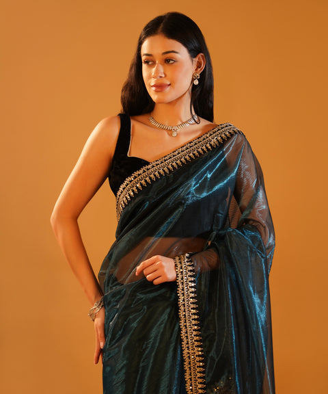 Band Baaja & Bling - Soft Twill Net Saree with Jari Dori Sequins Embroidered Velvet Border