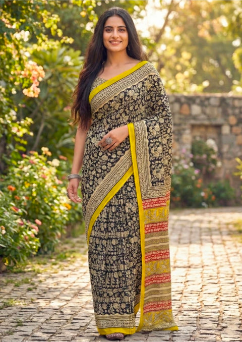 Surajmukhi - Black & Yellow Floral Cotton Drape