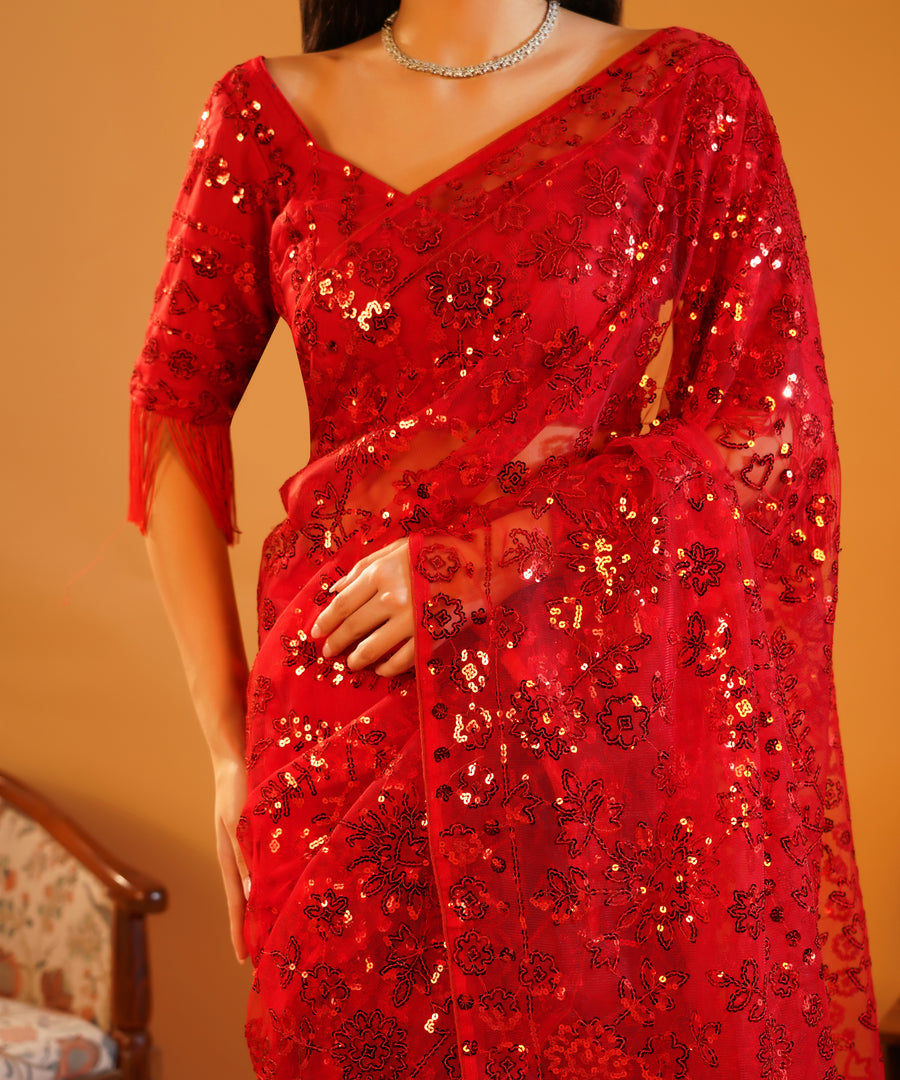 Scarlet Sparkle - Embroidered Net Saree