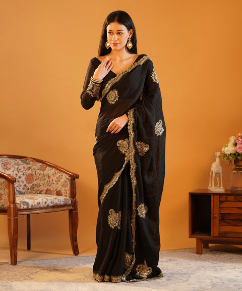 Midnight Black - Rangoli Crush Silk Saree with Gold Zari & Sequins Cutwork Border