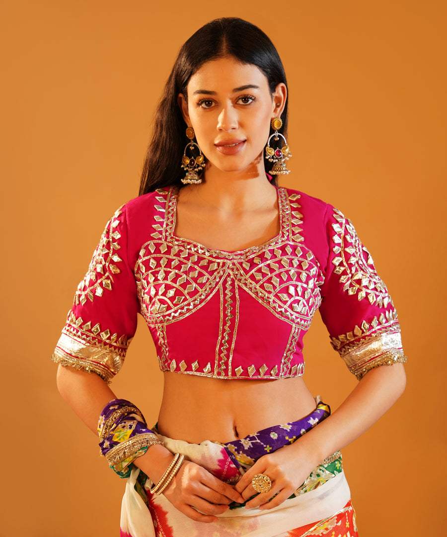 Baisa’s Grace - Heavy Aangi Blouse & Multicolour Chiffon Bandhani Saree