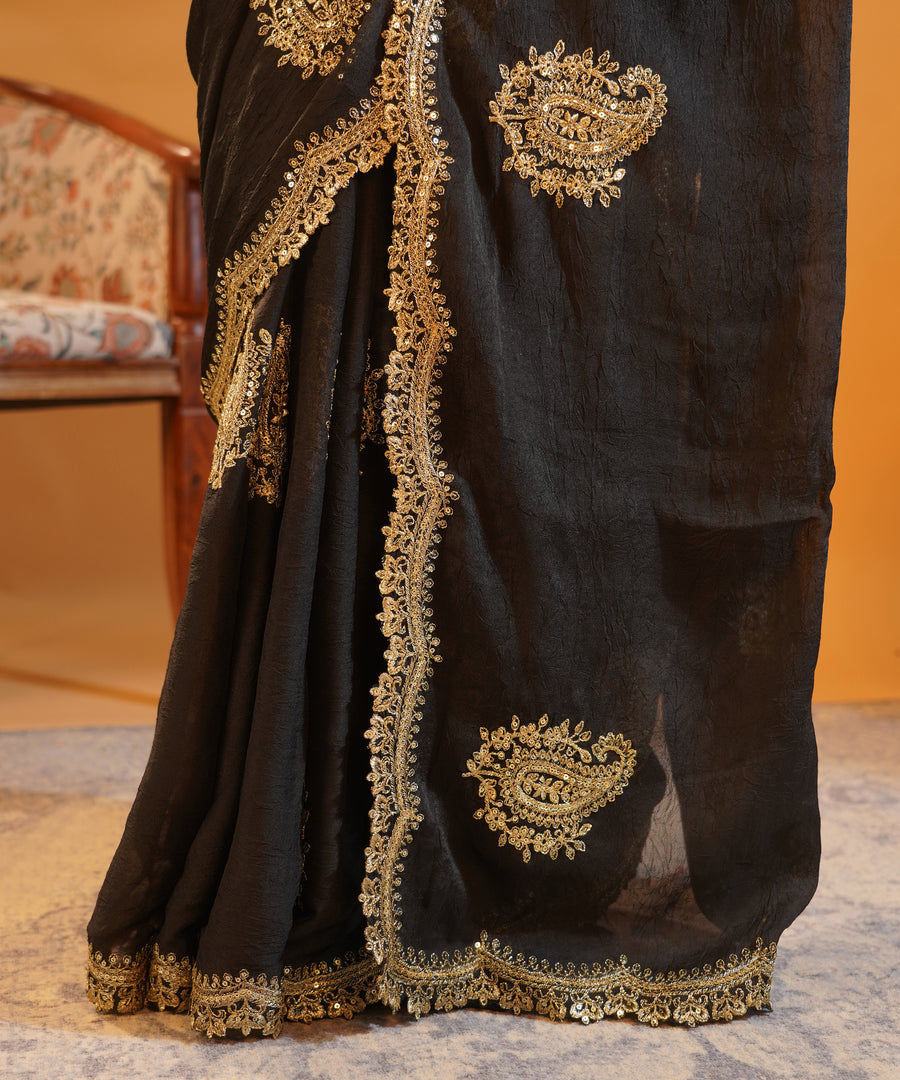 Midnight Black - Rangoli Crush Silk Saree with Gold Zari & Sequins Cutwork Border