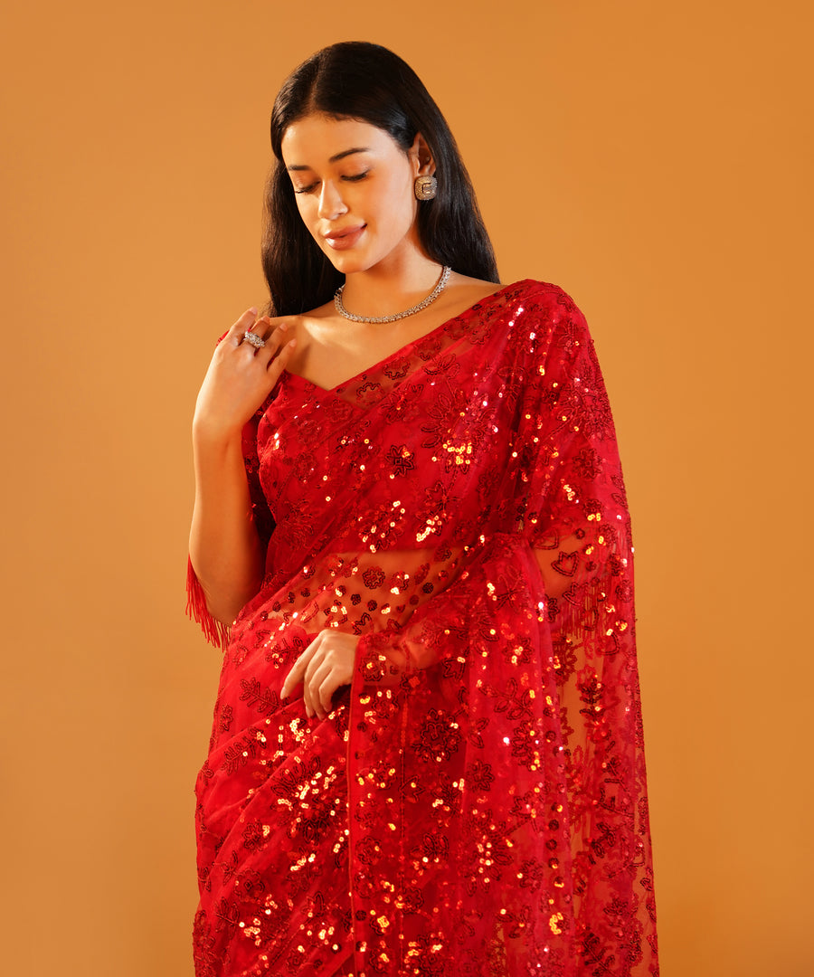 Scarlet Sparkle - Embroidered Net Saree