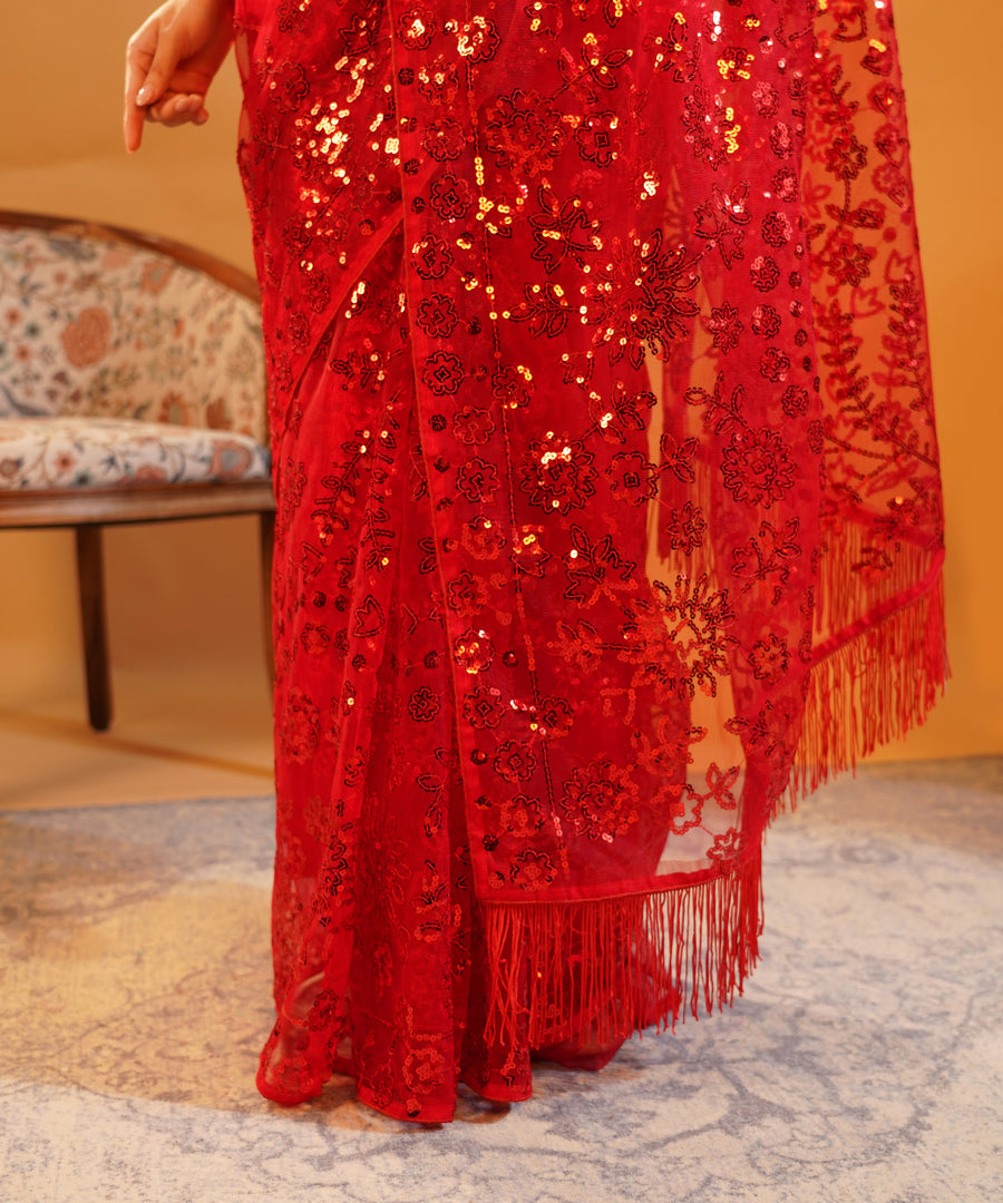 Scarlet Sparkle - Embroidered Net Saree