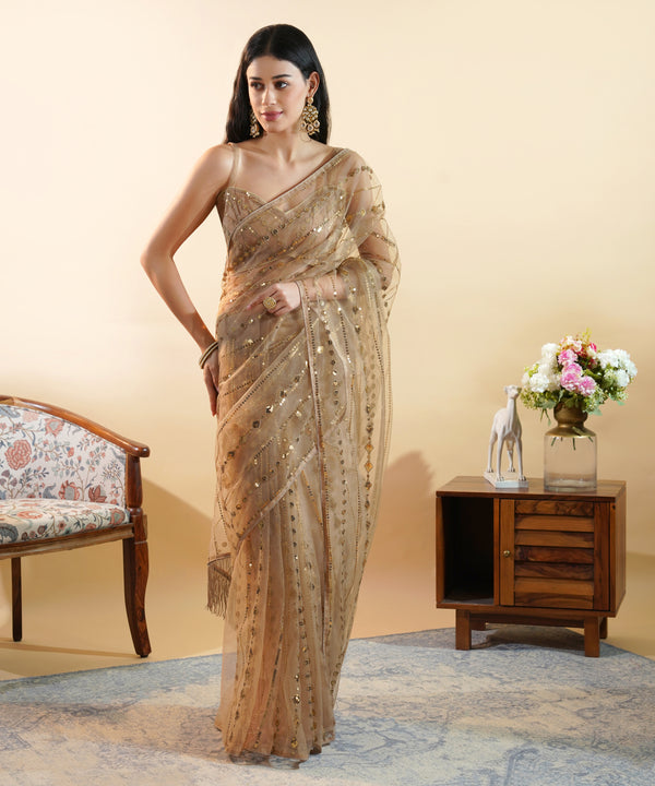 Champagne Gold - Sequins Embroidered Net Saree