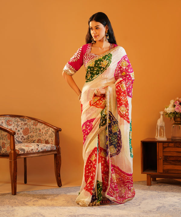 Baisa’s Grace - Heavy Aangi Blouse & Multicolour Chiffon Bandhani Saree