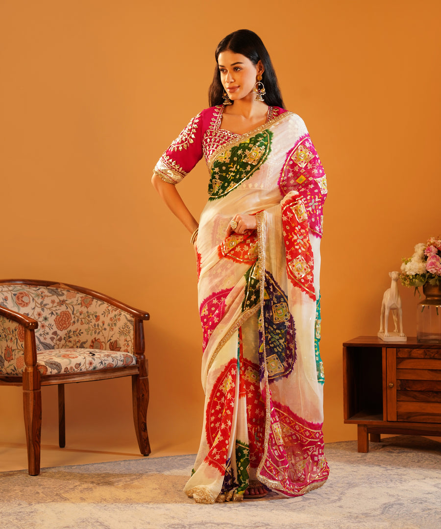 Baisa’s Grace - Heavy Aangi Blouse & Multicolour Chiffon Bandhani Saree