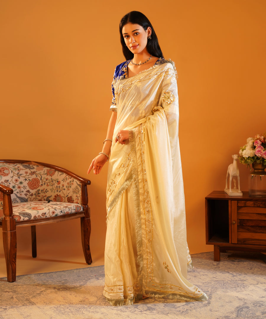 Rang-e-Aangi - Royal Blue Satin Aangi Blouse & Ivory Chinon Gota Patti Saree