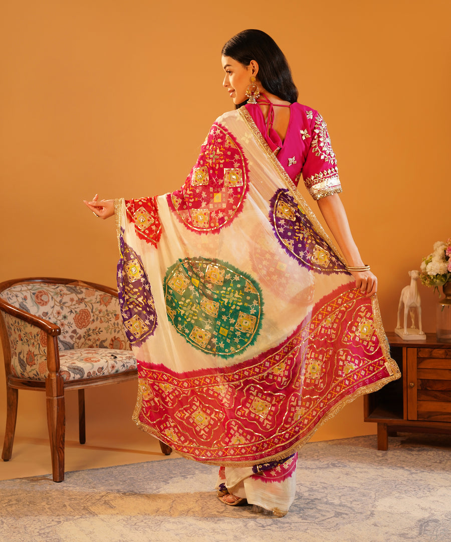 Baisa’s Grace - Heavy Aangi Blouse & Multicolour Chiffon Bandhani Saree