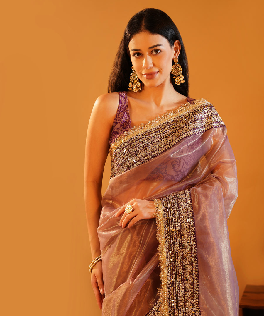 Baadshahi Mauve - Embroidered Twill Net Saree with Silk Jacquard Blouse