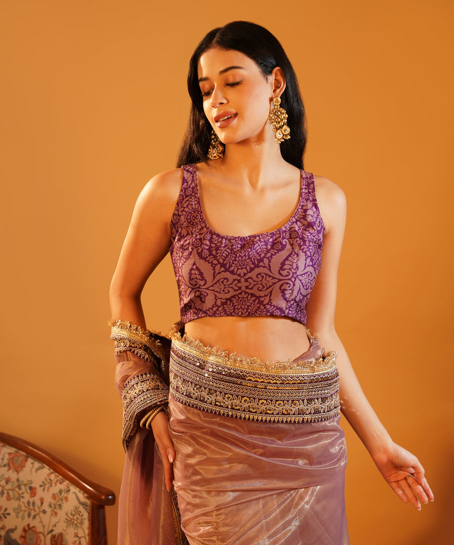 Baadshahi Mauve - Embroidered Twill Net Saree with Silk Jacquard Blouse