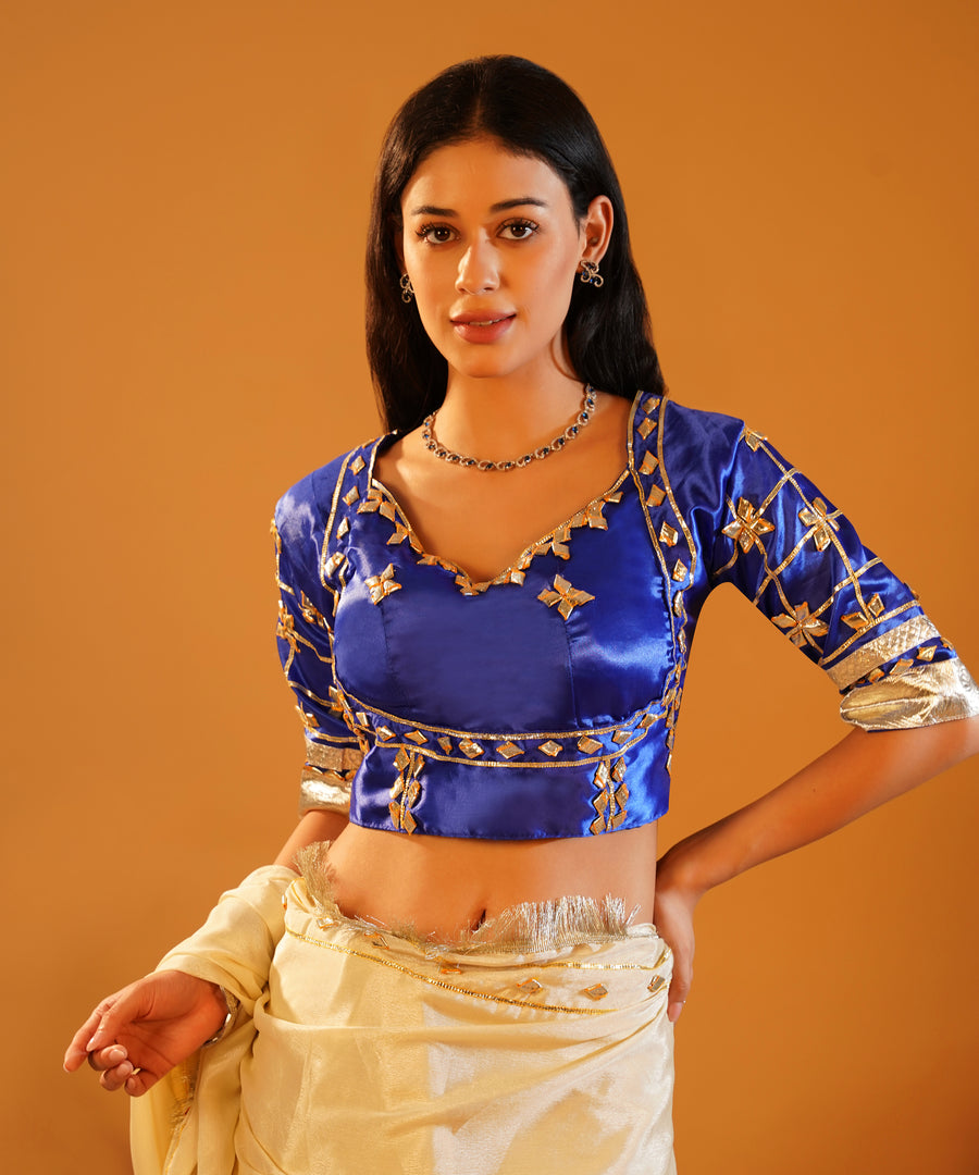 Rang-e-Aangi - Royal Blue Satin Aangi Blouse & Ivory Chinon Gota Patti Saree