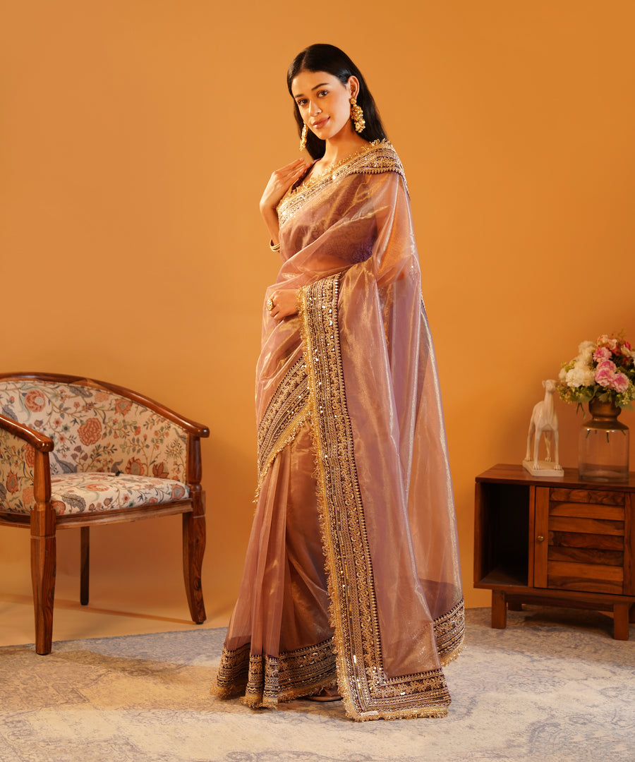 Baadshahi Mauve - Embroidered Twill Net Saree with Silk Jacquard Blouse