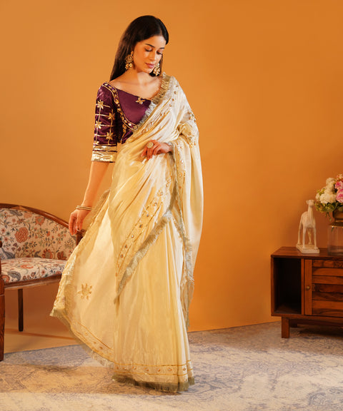Rang-e-Aangi - Deep Violet Aangi Blouse & Ivory Chinon Gota Patti Saree