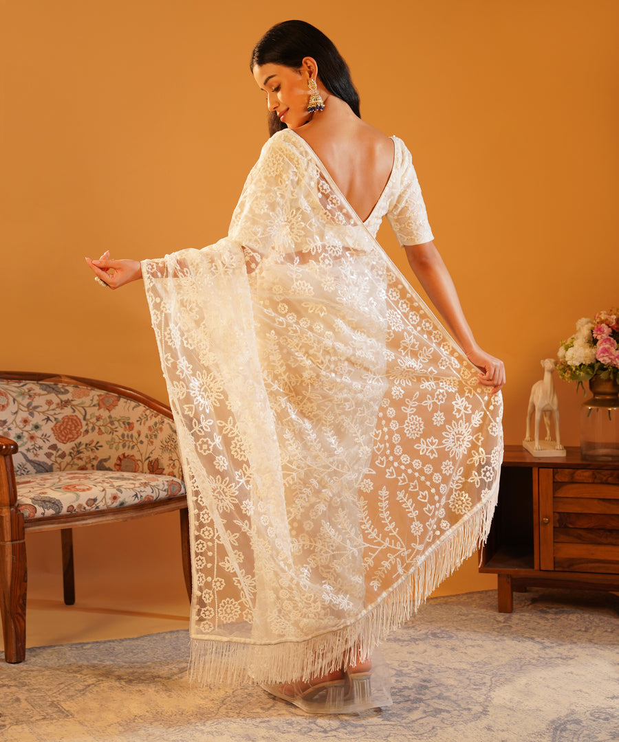 Snow Pearl - Embroidered Net Saree