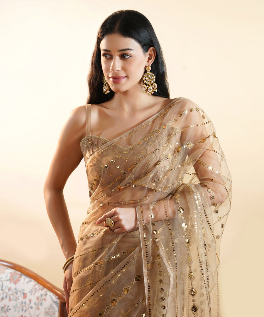 Champagne Gold - Sequins Embroidered Net Saree