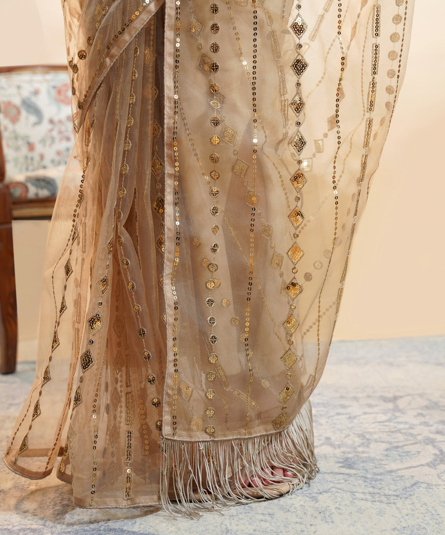 Champagne Gold - Sequins Embroidered Net Saree