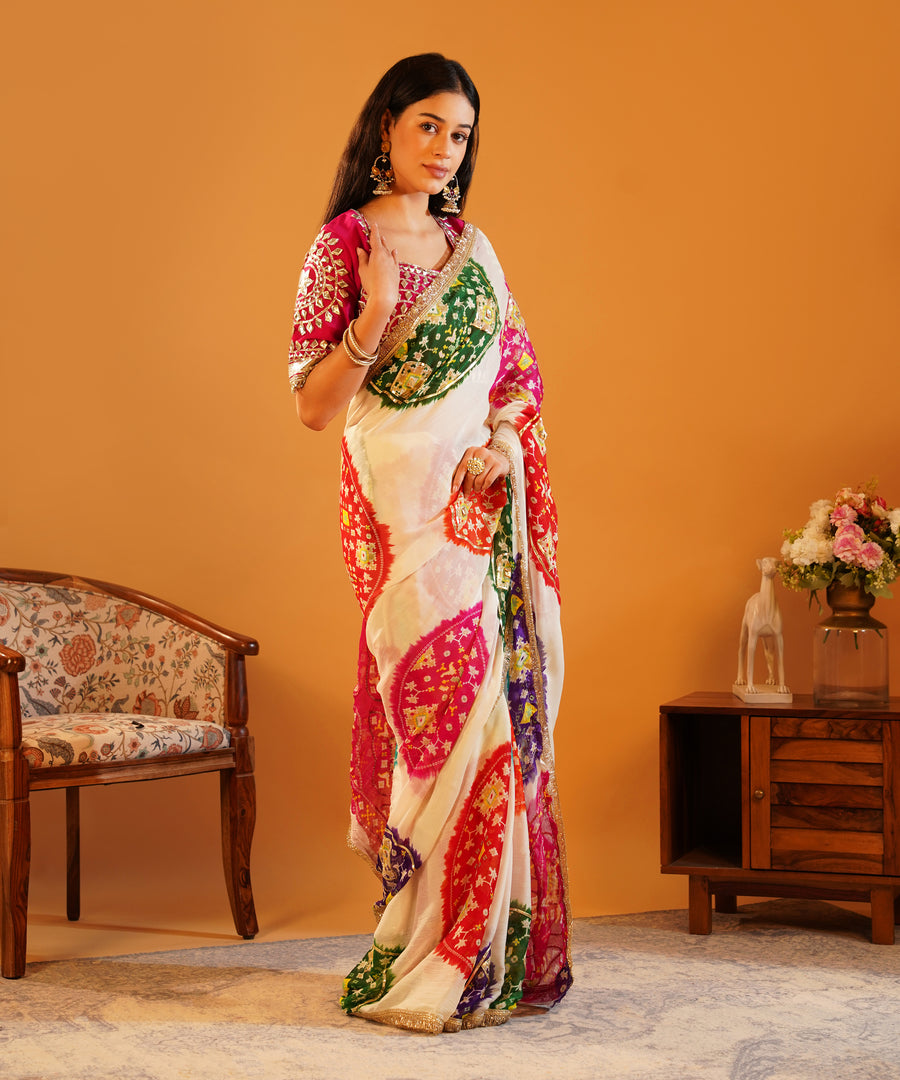 Baisa’s Grace - Heavy Aangi Blouse & Multicolour Chiffon Bandhani Saree