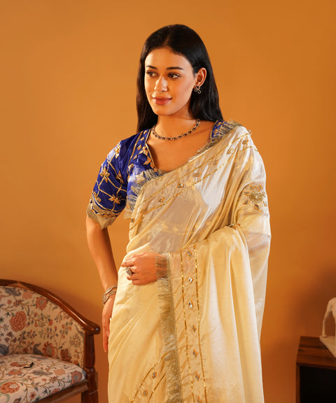 Rang-e-Aangi - Royal Blue Satin Aangi Blouse & Ivory Chinon Gota Patti Saree