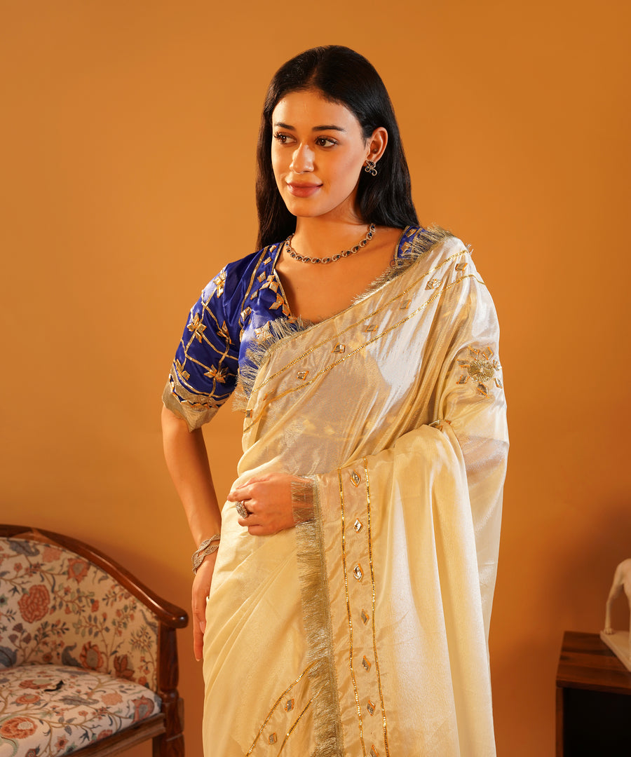 Rang-e-Aangi - Royal Blue Satin Aangi Blouse & Ivory Chinon Gota Patti Saree